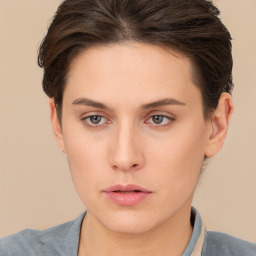 Neutral white young-adult female with short  brown hair and brown eyes