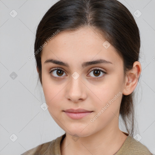 Neutral white young-adult female with medium  brown hair and brown eyes