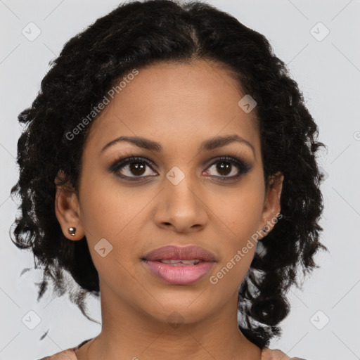 Joyful latino young-adult female with long  brown hair and brown eyes