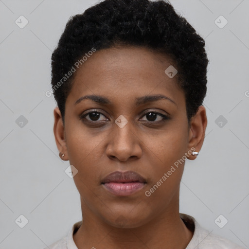 Neutral black young-adult female with short  black hair and brown eyes