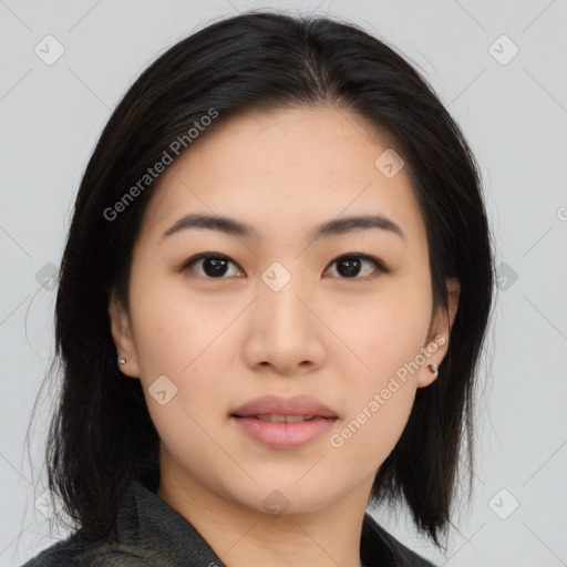 Neutral asian young-adult female with medium  black hair and brown eyes