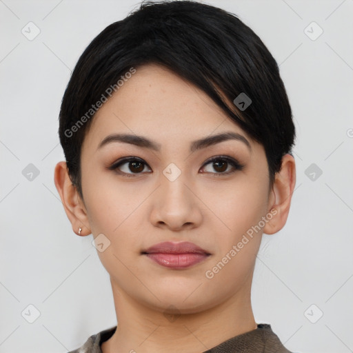 Joyful asian young-adult female with short  black hair and brown eyes