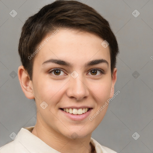 Joyful white young-adult female with short  brown hair and brown eyes