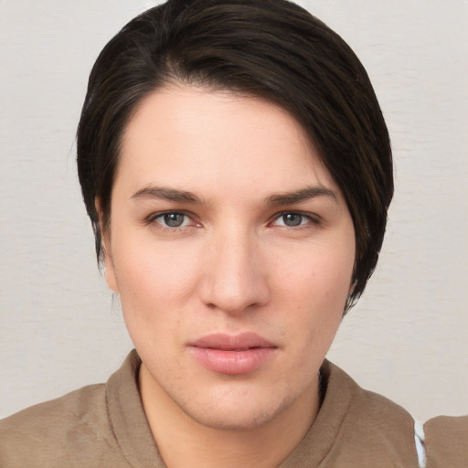 Neutral white young-adult female with short  brown hair and brown eyes