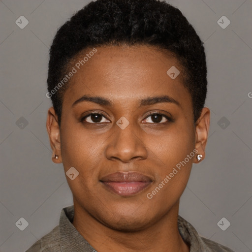 Joyful black young-adult female with short  black hair and brown eyes