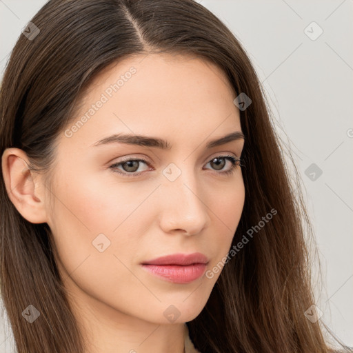 Neutral white young-adult female with long  brown hair and brown eyes