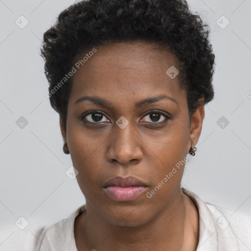 Neutral black young-adult female with short  brown hair and brown eyes