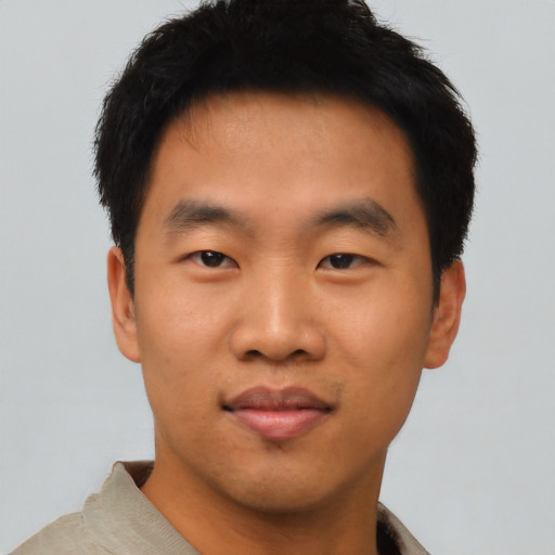 Neutral asian young-adult male with short  black hair and brown eyes