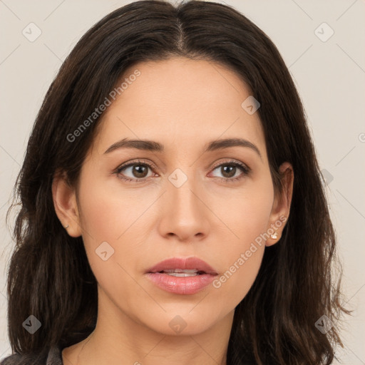 Neutral white young-adult female with long  brown hair and brown eyes