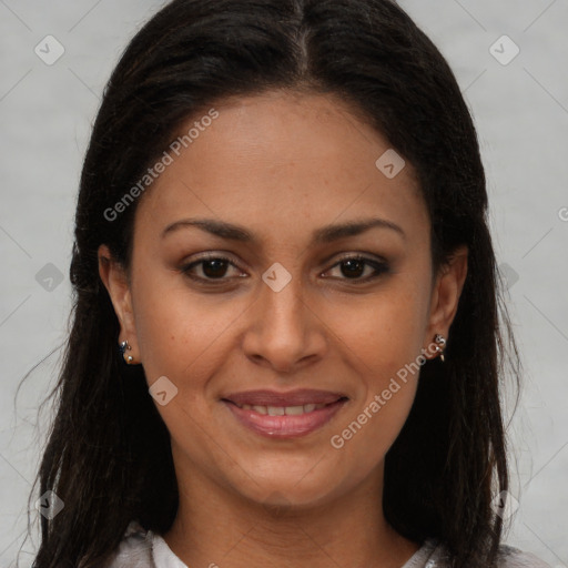 Joyful latino young-adult female with long  brown hair and brown eyes