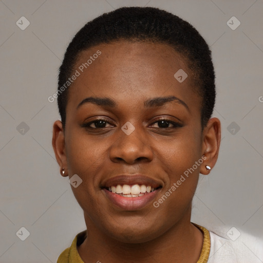 Joyful black young-adult female with short  brown hair and brown eyes