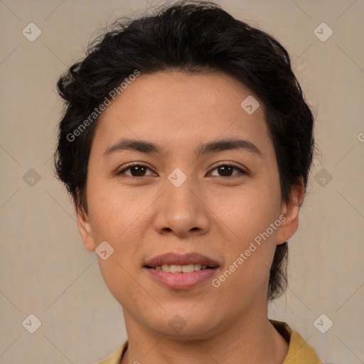 Joyful asian young-adult female with short  brown hair and brown eyes