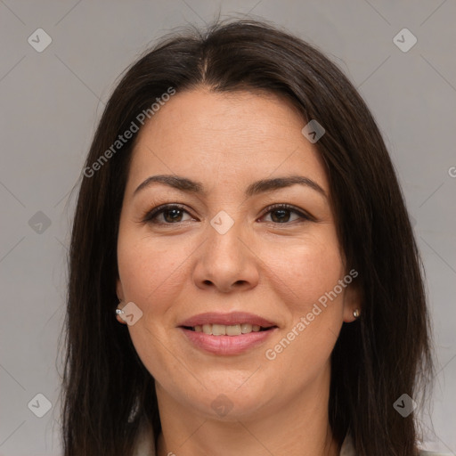 Joyful white adult female with medium  brown hair and brown eyes