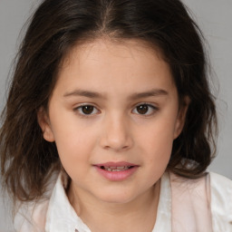 Joyful white child female with medium  brown hair and brown eyes