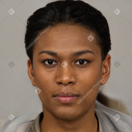 Neutral black young-adult female with short  black hair and brown eyes