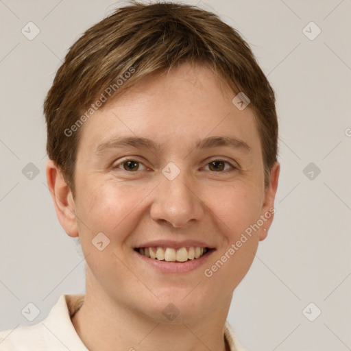 Joyful white young-adult female with short  brown hair and grey eyes