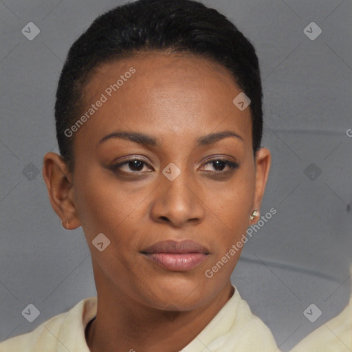 Neutral black young-adult female with short  brown hair and brown eyes