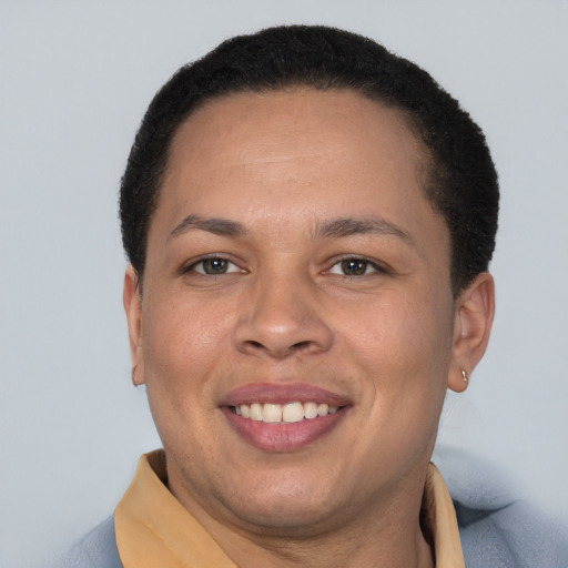 Joyful white adult female with short  brown hair and brown eyes