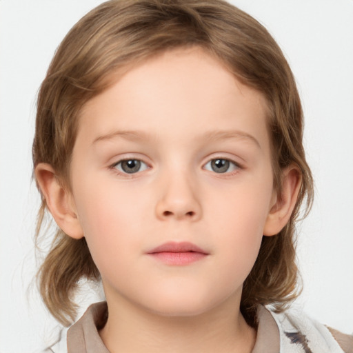 Neutral white child female with medium  brown hair and blue eyes