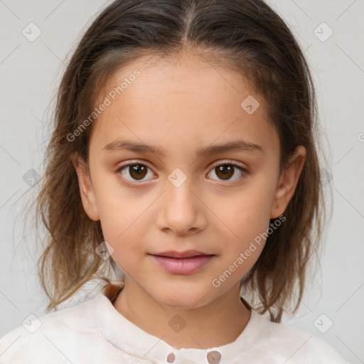 Joyful white child female with medium  brown hair and brown eyes