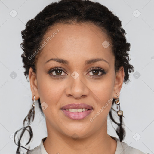 Joyful latino young-adult female with long  brown hair and brown eyes