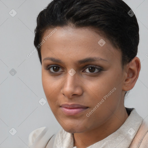 Joyful white young-adult female with short  brown hair and brown eyes