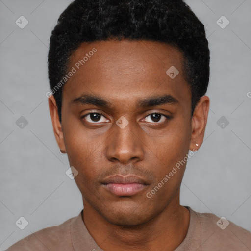 Neutral black young-adult male with short  black hair and brown eyes