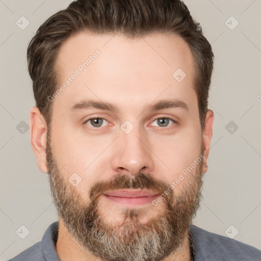 Neutral white young-adult male with short  brown hair and brown eyes