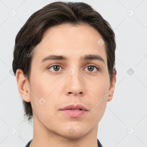 Neutral white young-adult male with short  brown hair and brown eyes