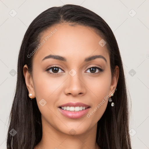 Joyful white young-adult female with long  brown hair and brown eyes