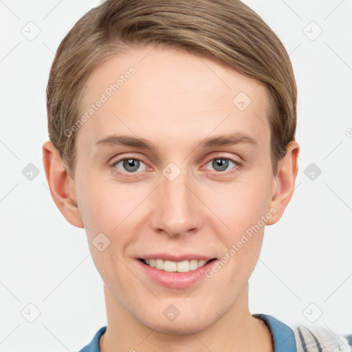 Joyful white young-adult female with short  brown hair and grey eyes