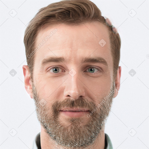 Neutral white young-adult male with short  brown hair and grey eyes