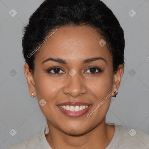 Joyful latino young-adult female with short  brown hair and brown eyes