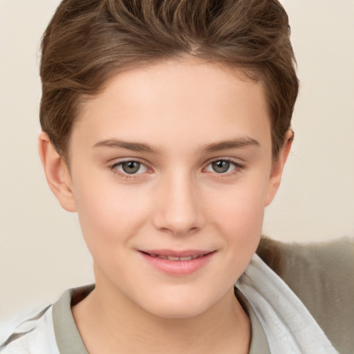 Joyful white child female with short  brown hair and brown eyes