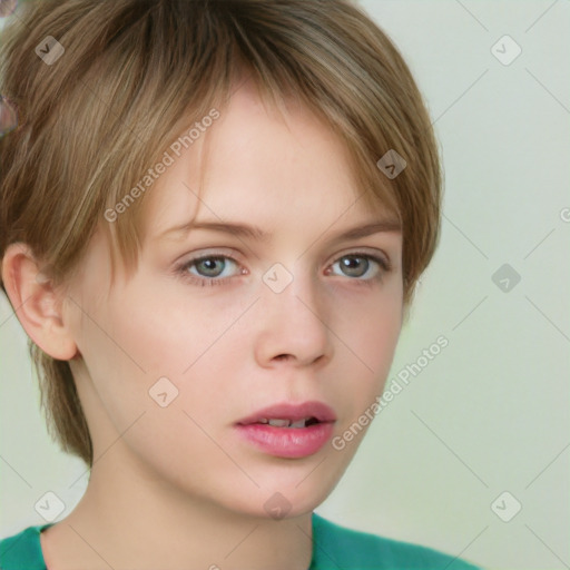 Neutral white young-adult female with short  brown hair and grey eyes