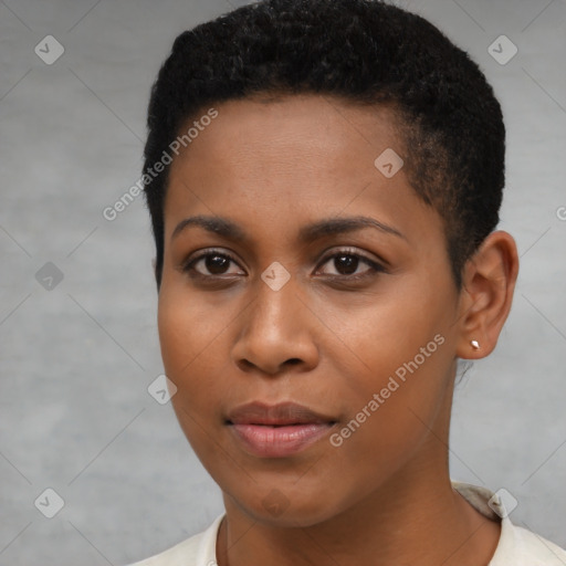 Neutral black young-adult female with short  brown hair and brown eyes