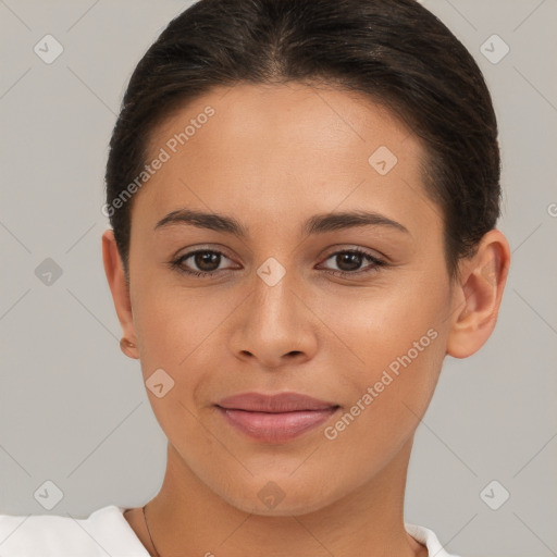 Joyful white young-adult female with short  brown hair and brown eyes