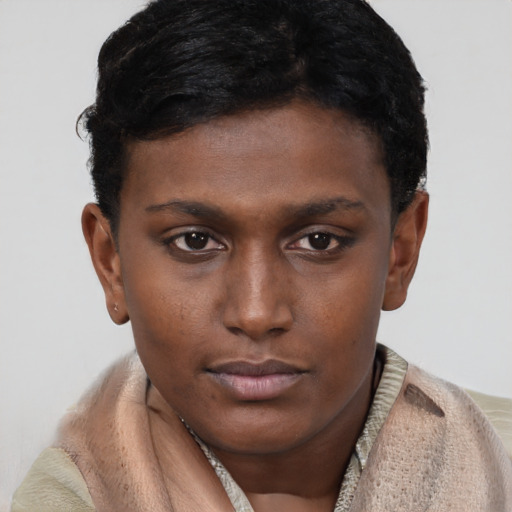 Neutral black young-adult female with short  brown hair and brown eyes