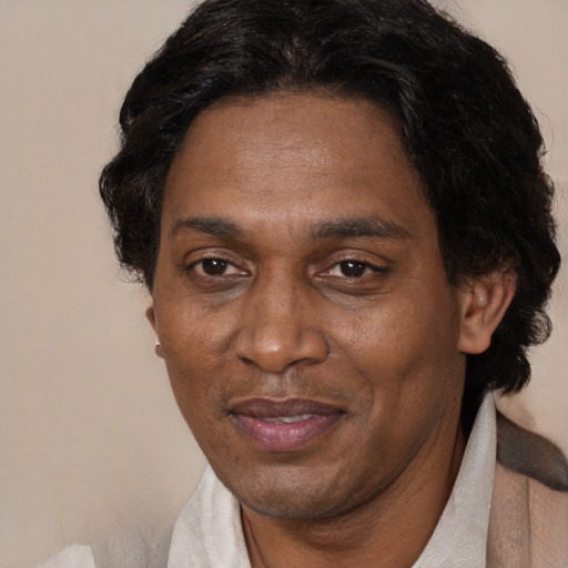 Joyful black adult male with short  brown hair and brown eyes
