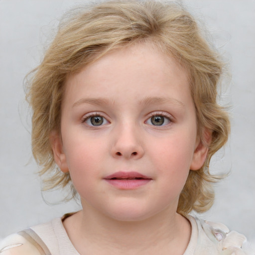 Neutral white child female with medium  brown hair and blue eyes