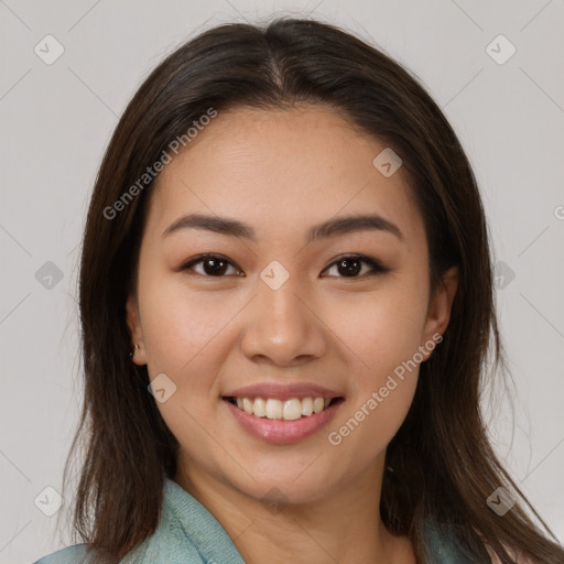 Joyful white young-adult female with medium  brown hair and brown eyes