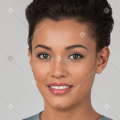 Joyful white young-adult female with short  brown hair and brown eyes