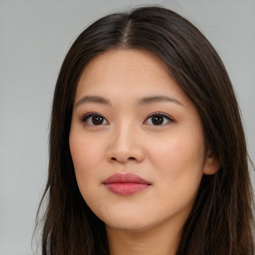 Neutral asian young-adult female with long  brown hair and brown eyes