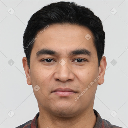 Neutral asian young-adult male with short  black hair and brown eyes