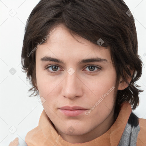 Neutral white young-adult female with medium  brown hair and brown eyes