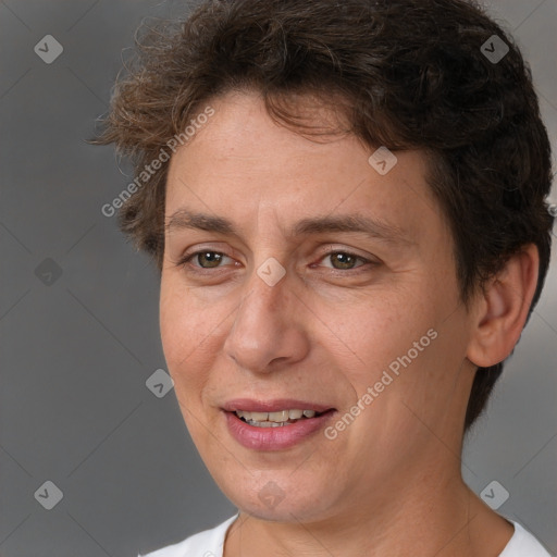 Joyful white adult female with short  brown hair and brown eyes