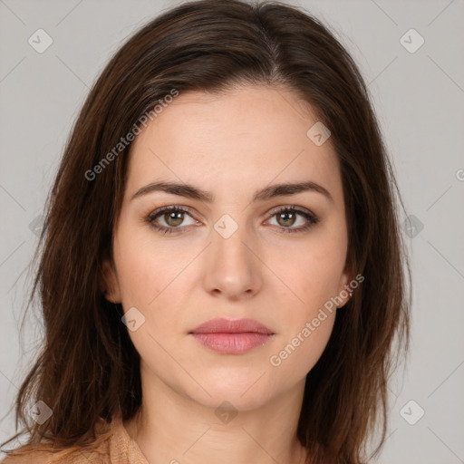 Neutral white young-adult female with medium  brown hair and brown eyes