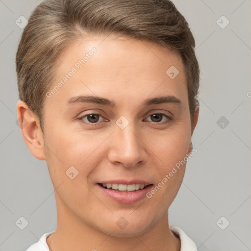 Joyful white young-adult female with short  brown hair and brown eyes