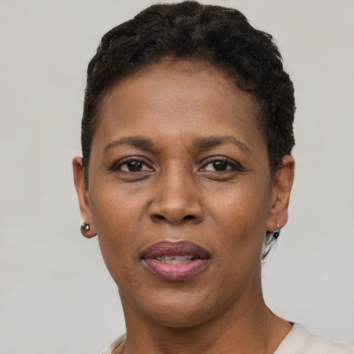 Joyful black young-adult female with short  brown hair and brown eyes
