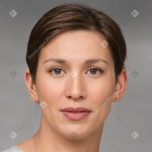 Joyful white young-adult female with short  brown hair and brown eyes